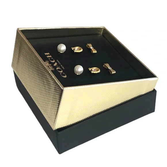 Coach Bow Earring 3 Pc Set Matching Goldtone Pearl Bow Box Set - Picture 5 of 13